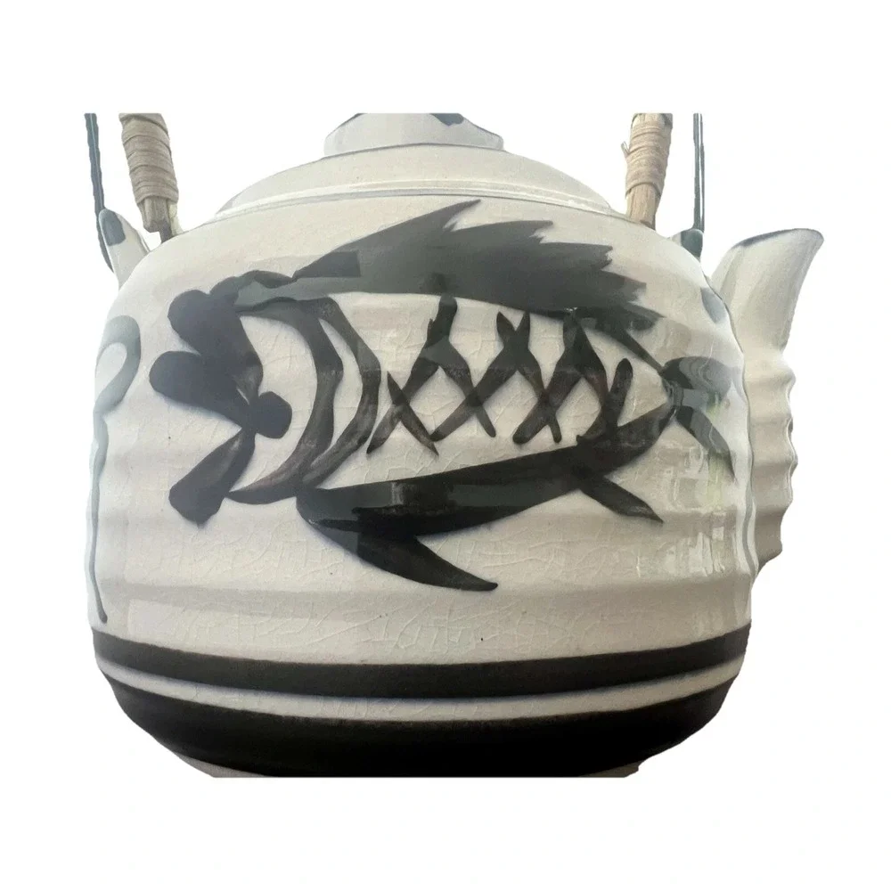 Vintage Hand Painted Fish Ceramic Teapot with Bamboo Handle Cream Black Crackle